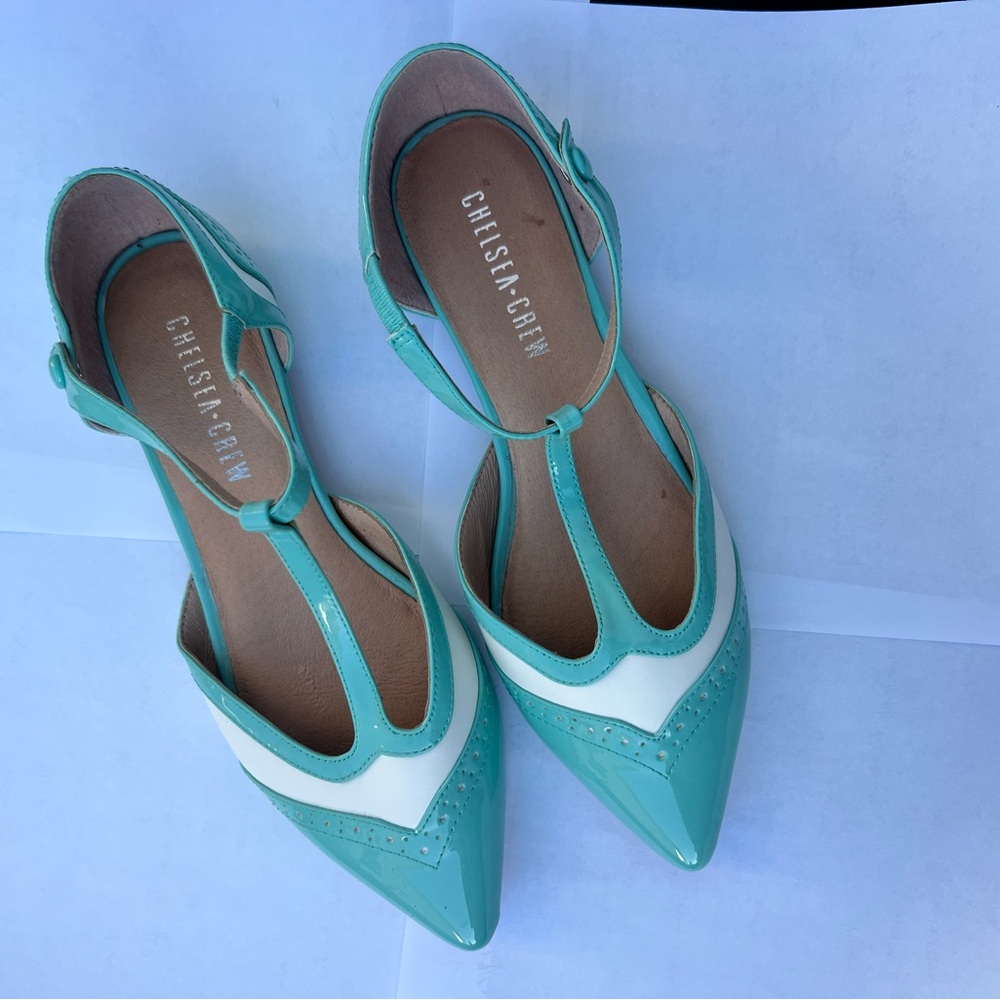 Chelsea Crew Women's Teal and White T-Strap Shoes